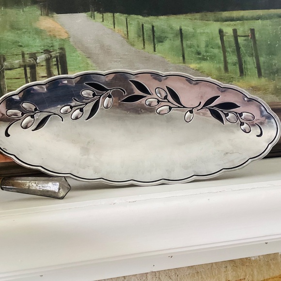 Lenox Silver Oval Tray Olive Branch W/ Scalloped Edge And Candle Snuffer Decor - Picture 6 of 12